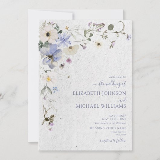 Moderne blauwe geperste wilde bloemen bruiloft kaart (Voorkant)