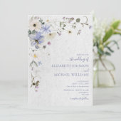 Moderne blauwe geperste wilde bloemen bruiloft kaart (Staand voorkant)