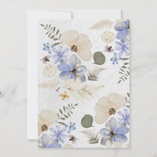 Moderne blauwe geperste wilde bloemen bruiloft kaart (Achterkant)