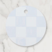 Moderne blauwe geruite baby shower bedankjes labels (Achterkant)