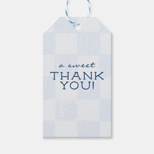 Moderne blauwe geruite baby shower cadeaulabel (Voorkant)