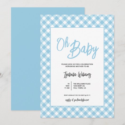 Moderne blauwe geruite babyshower uitnodiging voor (Voorkant / Achterkant)