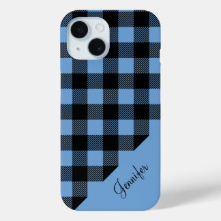 Moderne Blauwe geruite Check Patroon Naam iPhone 15 Case