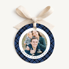 Moderne Blauwe Geruite Foto Kerstmis Bedankjes Labels