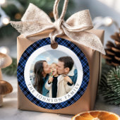 Moderne Blauwe Geruite Foto Kerstmis Bedankjes Labels