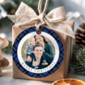 Moderne Blauwe Geruite Foto Kerstmis Bedankjes Labels