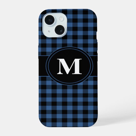 Moderne Blauwe Geruite Patroon Monogram iPhone 15 Case (Achterkant)