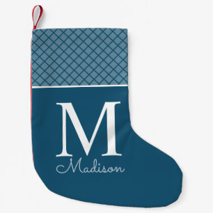 Moderne blauwe geruite patroon naam monogram kleine kerstsok