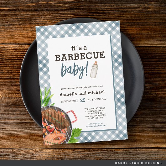 Moderne Blauwe Gingham Barbecue Baby Shower Kaart