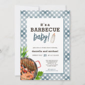 Moderne Blauwe Gingham Barbecue Baby Shower Kaart (Voorkant)