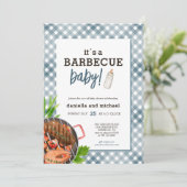 Moderne Blauwe Gingham Barbecue Baby Shower Kaart (Staand voorkant)