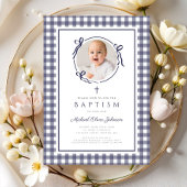 Moderne blauwe Gingham foto jongensdoop Kaart