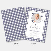 Moderne blauwe Gingham foto jongensdoop Kaart