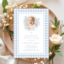 Moderne blauwe Gingham strik foto jongen doop