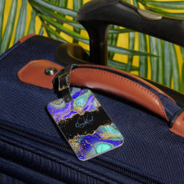 Moderne Blauwe Glitter Agaat Bagagelabel