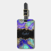 Moderne Blauwe Glitter Agaat Bagagelabel (Voorkant verticaal)