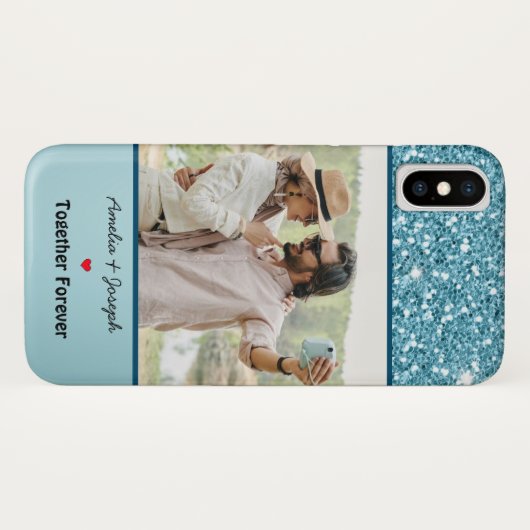 Moderne Blauwe Glitter Custom Liefde Paar Foto Case-Mate iPhone Case (Achterkant (horizontaal))