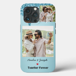 Moderne Blauwe Glitter Custom Liefde Paar Foto Case-Mate iPhone Case