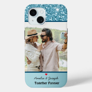 Moderne Blauwe Glitter Custom Liefde Paar Foto iPhone 15 Case
