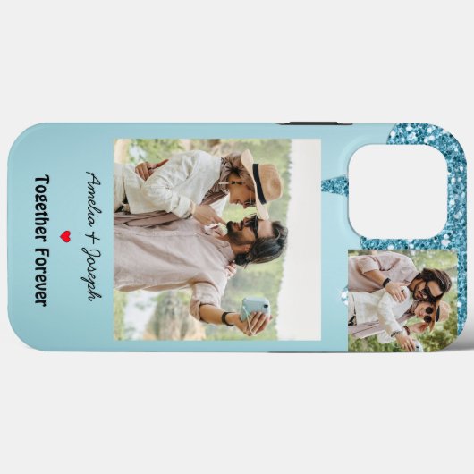 Moderne Blauwe Glitter Custom Liefde Paar Foto Case-Mate iPhone Case (Achterkant (horizontaal))