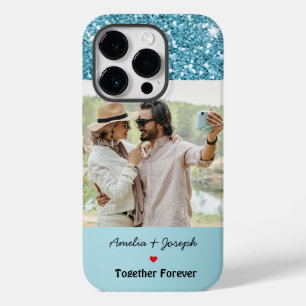 Moderne Blauwe Glitter Custom Liefde Paar Foto Case-Mate iPhone 14 Pro Hoesje