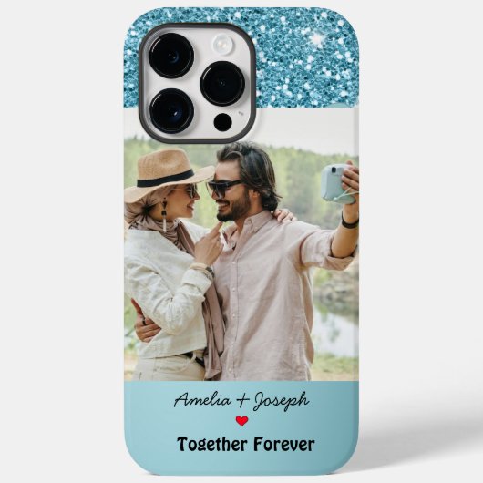 Moderne Blauwe Glitter Custom Liefde Paar Foto Case-Mate iPhone Case (Achterkant)