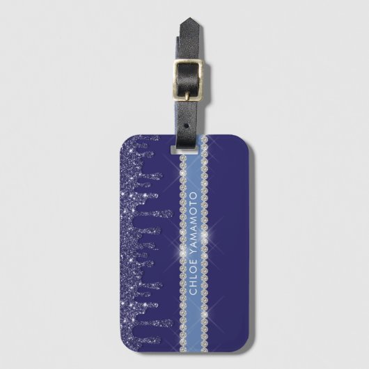 Moderne Blauwe Glitter Drip Sparkling Diamond Bagagelabel (Voorkant (verticaal))