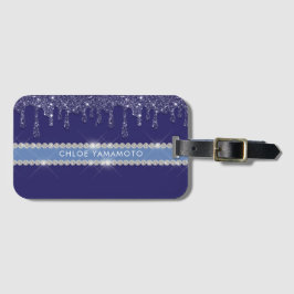 Moderne Blauwe Glitter Drip Sparkling Diamond Bagagelabel