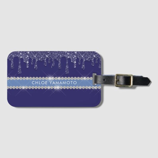 Moderne Blauwe Glitter Drip Sparkling Diamond Bagagelabel (Voorkant (horizontaal))