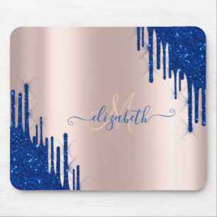 Moderne Blauwe Glitter Druppels Roze Gouden Monogr Muismat