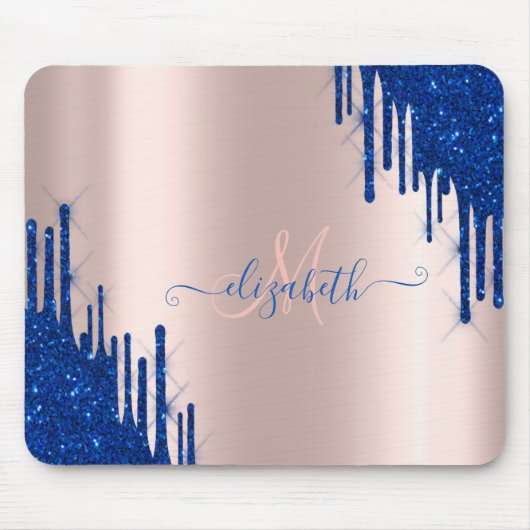 Moderne Blauwe Glitter Druppels Roze Gouden Monogr Muismat (Voorkant)