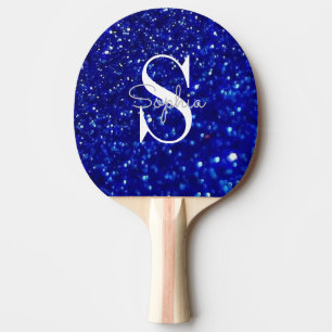 Moderne Blauwe Glitter Monogram Gepersonaliseerde Tafeltennisbatje