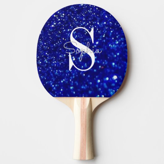 Moderne Blauwe Glitter Monogram Gepersonaliseerde  Tafeltennisbatje (Voorkant)