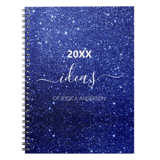 Moderne blauwe glitter scriptnaam notitieboek (Voorkant)