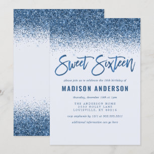 Moderne Blauwe Glitter Sweet 16 Verjaardagsfeest Kaart