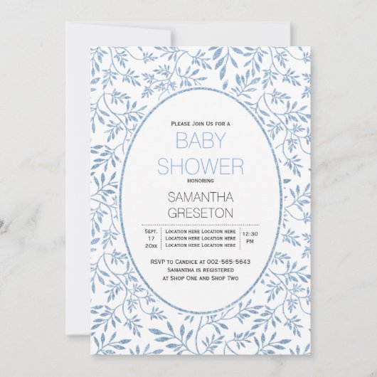 Moderne blauwe glitter verlaat trendy baby shower kaart (Voorkant)