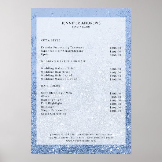 Moderne blauwe glittersalon Prijslijst Poster (Voorkant)