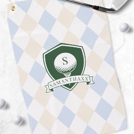 Moderne blauwe golfbal met groene naam en patroon  golfhanddoek