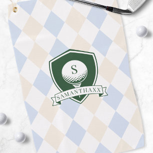 Moderne blauwe golfbal met groene naam en patroon golfhanddoek