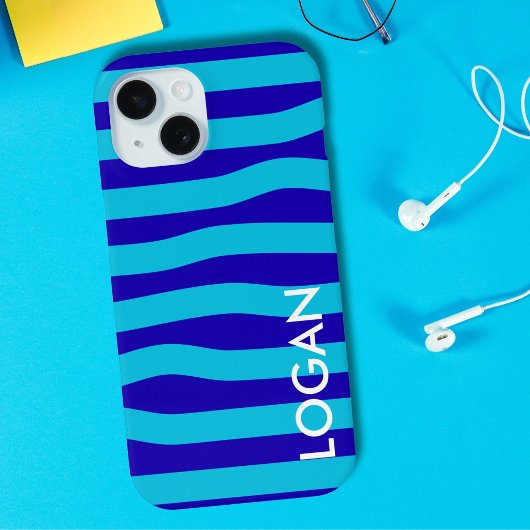 Moderne Blauwe Golfstreep met Aangepaste Naam Case-Mate iPhone Case
