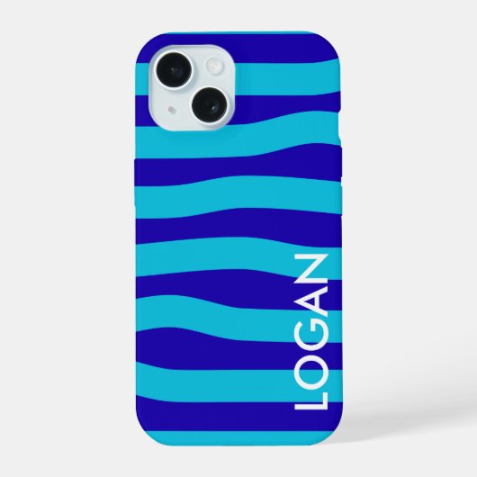 Moderne Blauwe Golfstreep met Aangepaste Naam iPhone 15 Case (Achterkant)