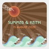 Moderne Blauwe Golven Bruine Zon Zomer Strand Brui Vierkante Sticker (Voorkant)