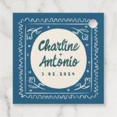 Moderne Blauwe Golvende Handschrift Retro Bruiloft Bedankjes Labels (Achterkant)