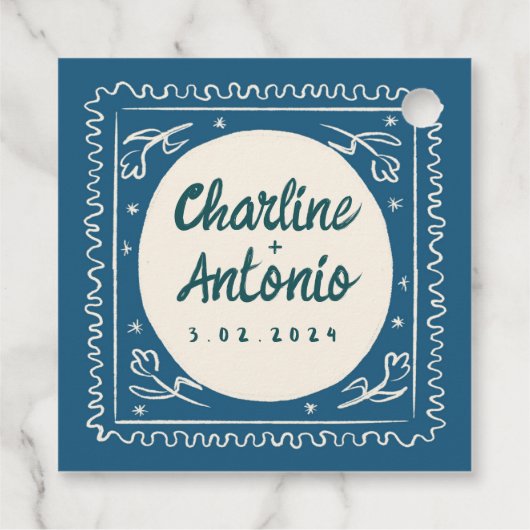 Moderne Blauwe Golvende Handschrift Retro Bruiloft Bedankjes Labels (Achterkant)