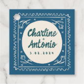 Moderne Blauwe Golvende Handschrift Retro Bruiloft Bedankjes Labels (Voorkant)