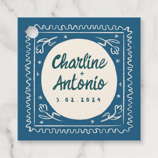 Moderne Blauwe Golvende Handschrift Retro Bruiloft Bedankjes Labels (Voorkant)