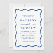 Moderne Blauwe Golvende Lijst Foto Bruiloft Kaart (Voorkant)