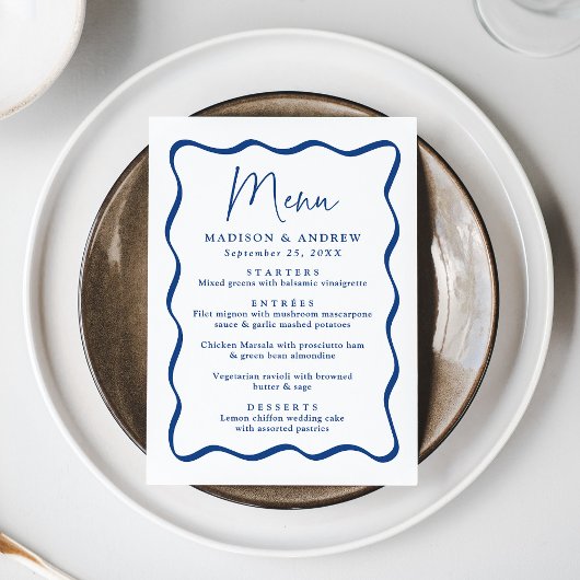 Moderne Blauwe Golvende Lijst Huwelijk Menu