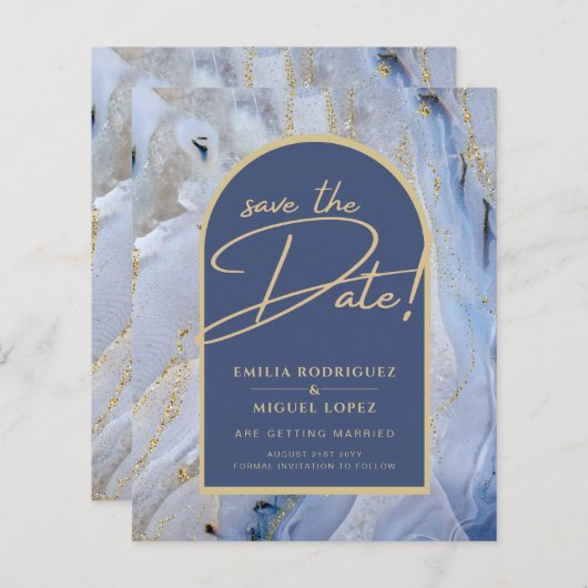 Moderne Blauwe Goud Agate Marmeren Boog Bruiloft (Voorkant / Achterkant)