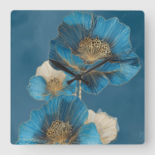 Moderne Blauwe Goud Lijn Kunst Papaver Botanisch Vierkante Klok